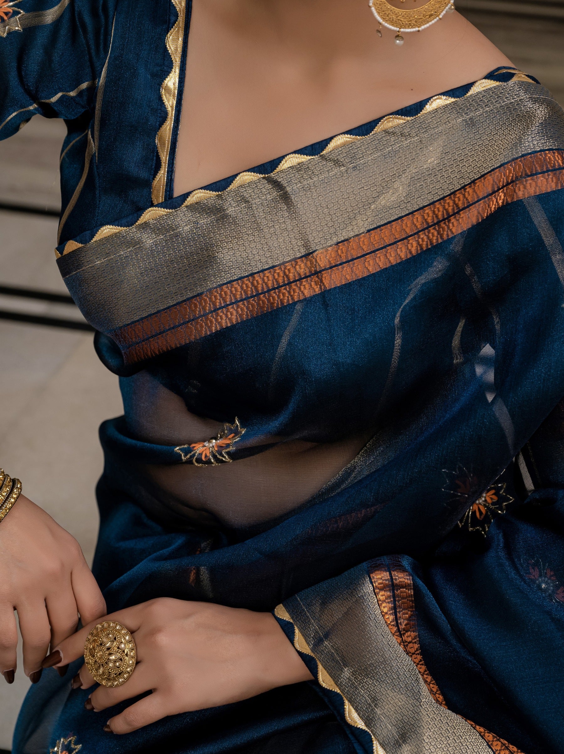 Prussian Blue Fancy Linen Saree With Blouse Piece