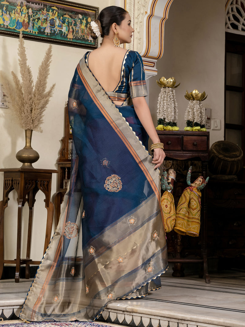 Prussian Blue Fancy Linen Saree With Blouse Piece