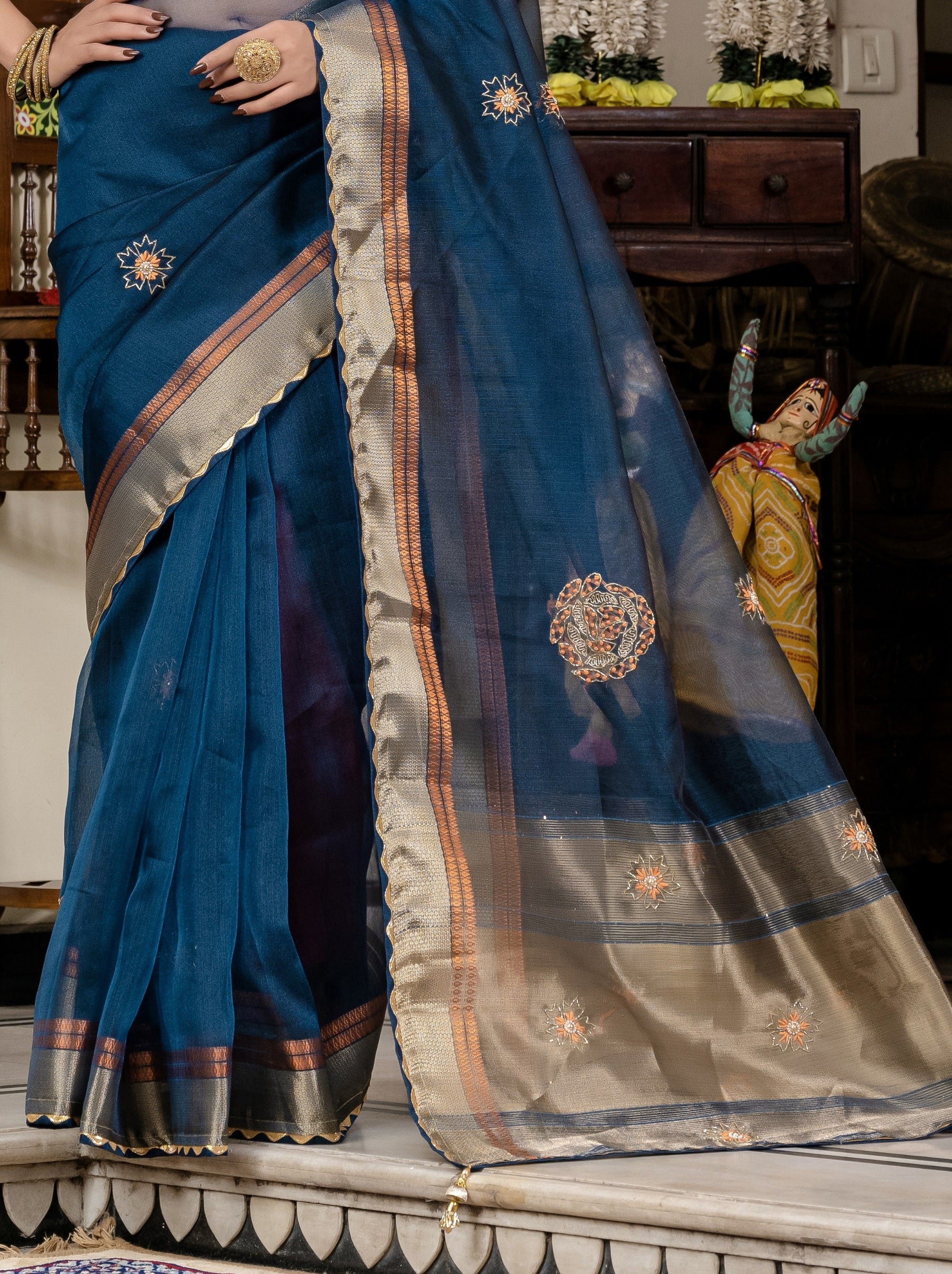 Prussian Blue Fancy Linen Saree With Blouse Piece