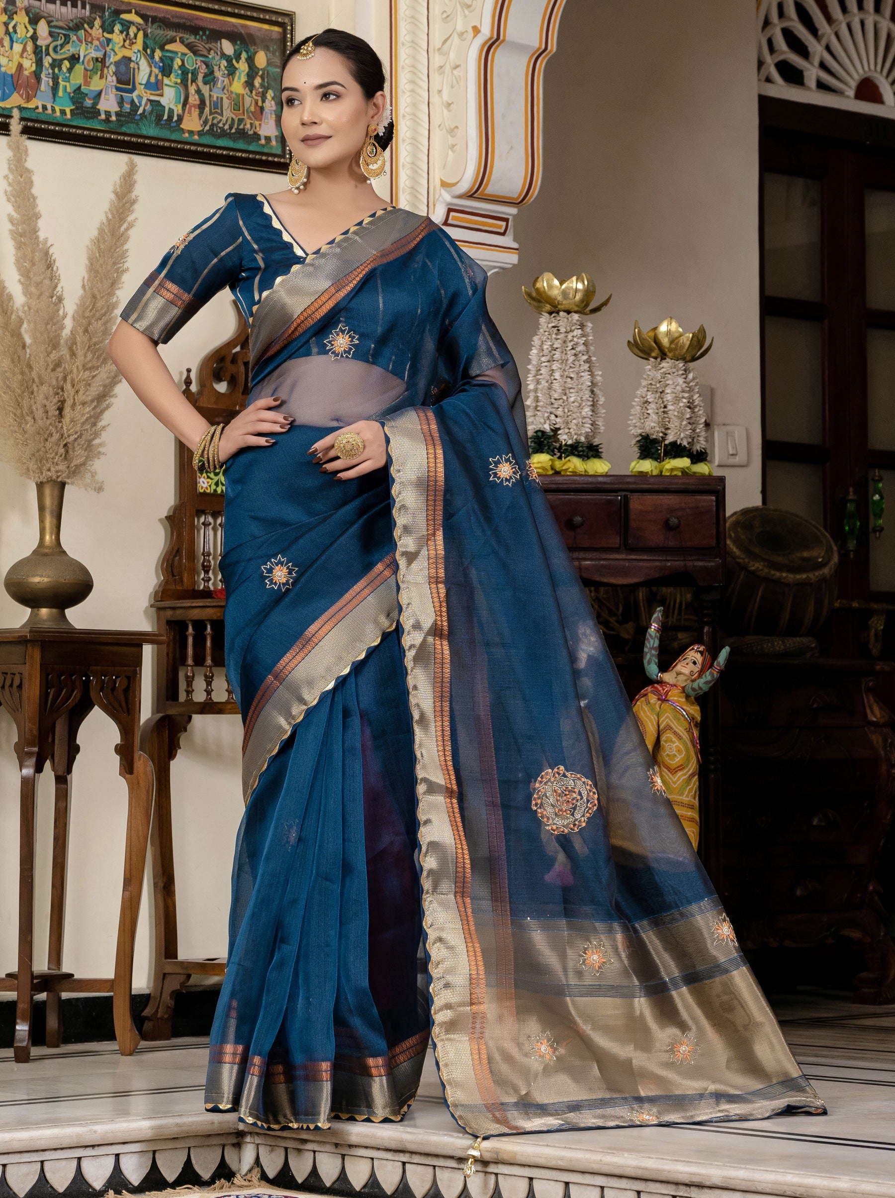Prussian Blue Fancy Linen Saree With Blouse Piece
