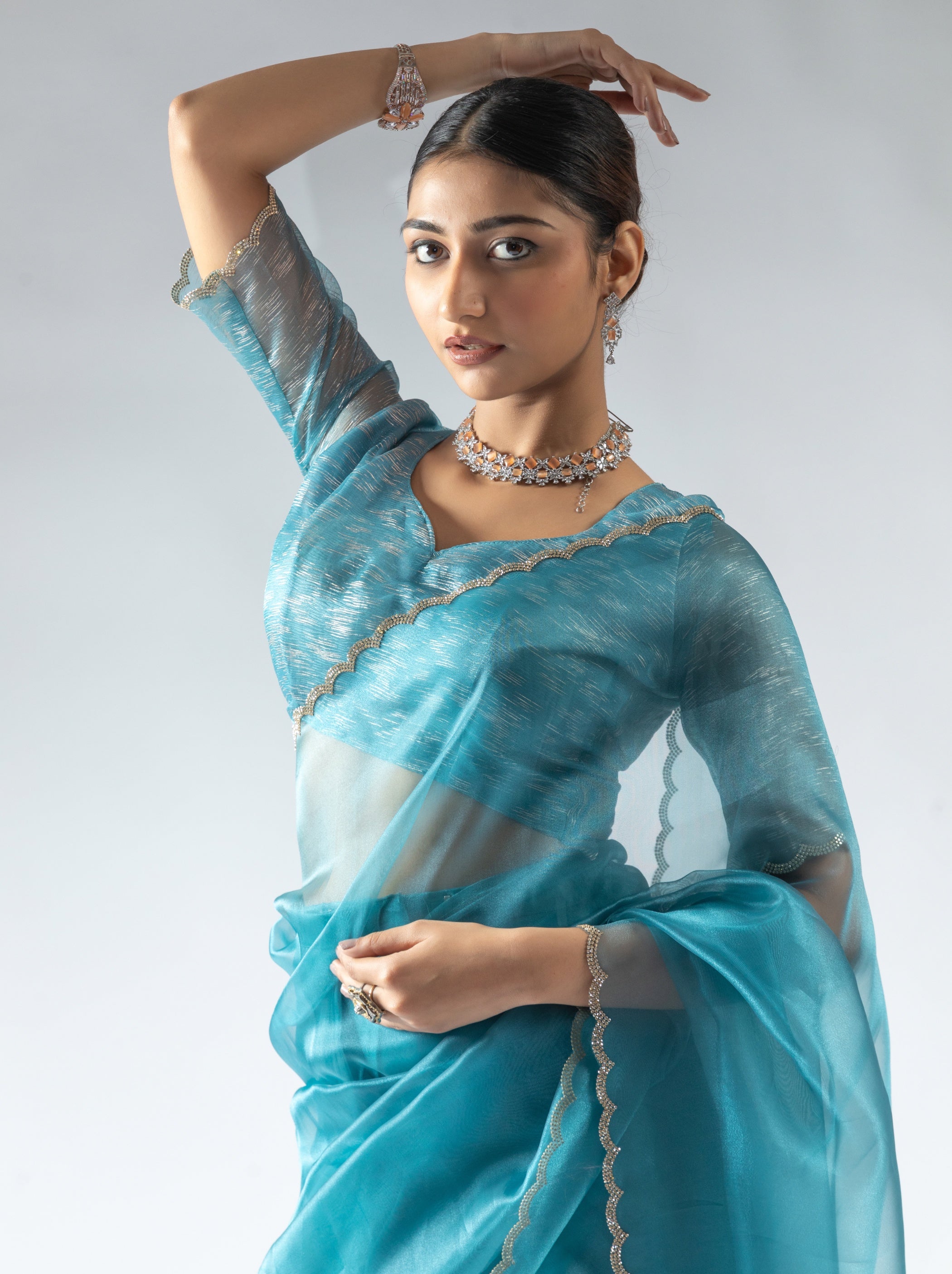 Olympic Blue Fancy Ready to Wear Organza Saree With Stone Work Border