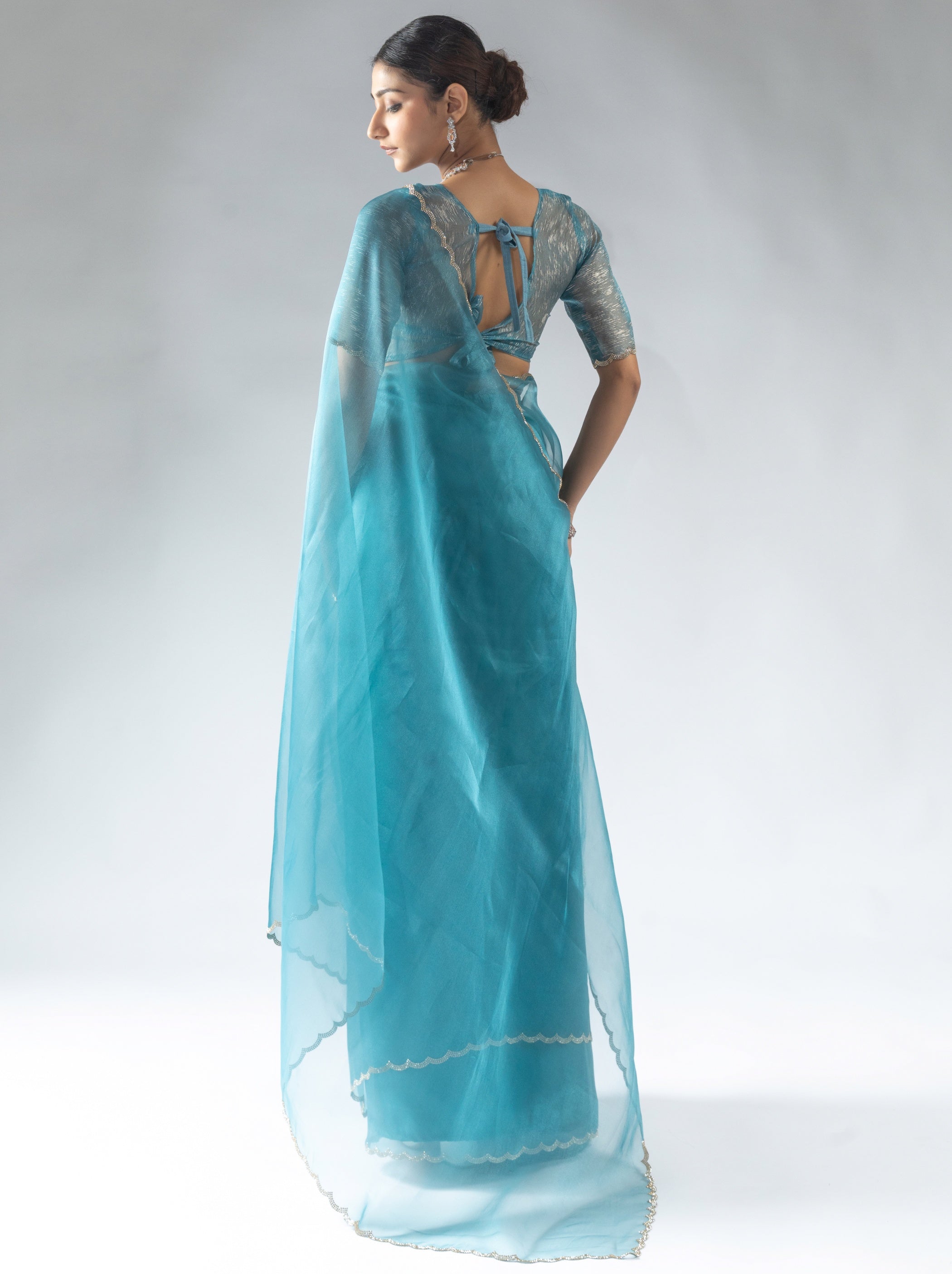 Olympic Blue Fancy Ready to Wear Organza Saree With Stone Work Border