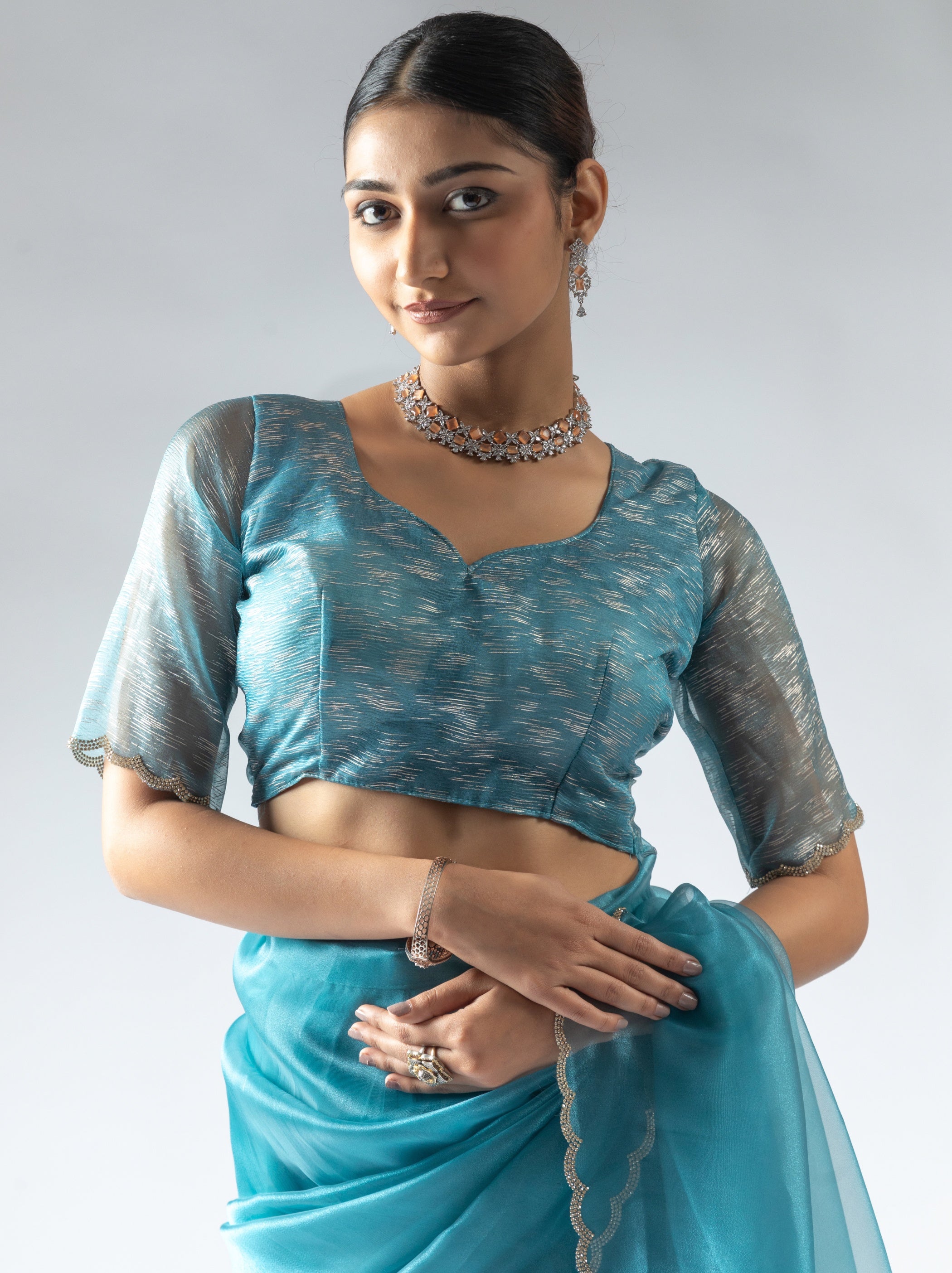 Olympic Blue Fancy Ready to Wear Organza Saree With Stone Work Border