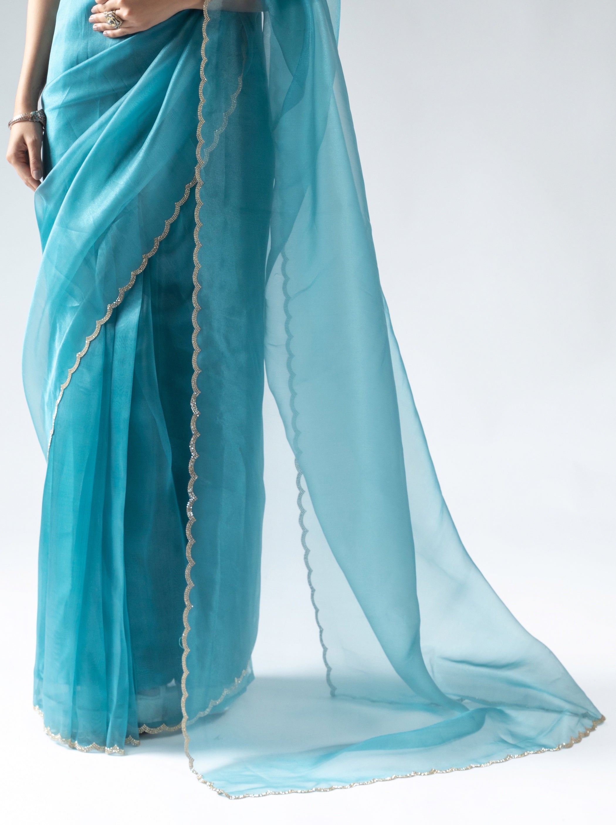 Olympic Blue Fancy Ready to Wear Organza Saree With Stone Work Border