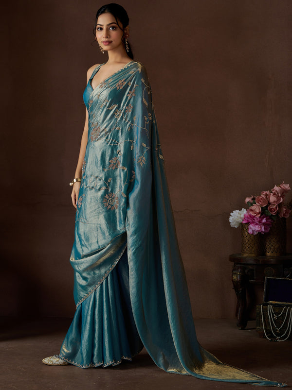 Steel Blue Fancy Premium Satin Silk Party Saree