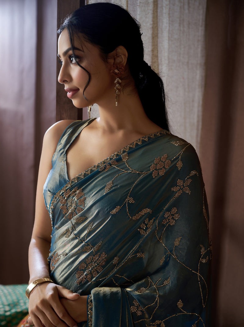 Steel Blue Fancy Premium Satin Silk Party Saree