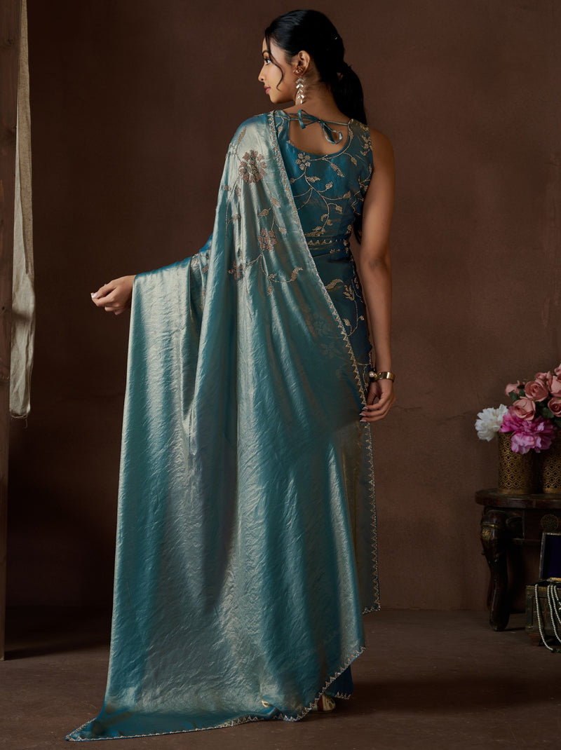 Steel Blue Fancy Premium Satin Silk Party Saree