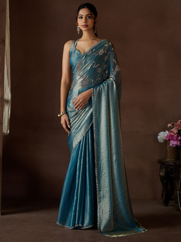 Steel Blue Fancy Premium Satin Silk Party Saree