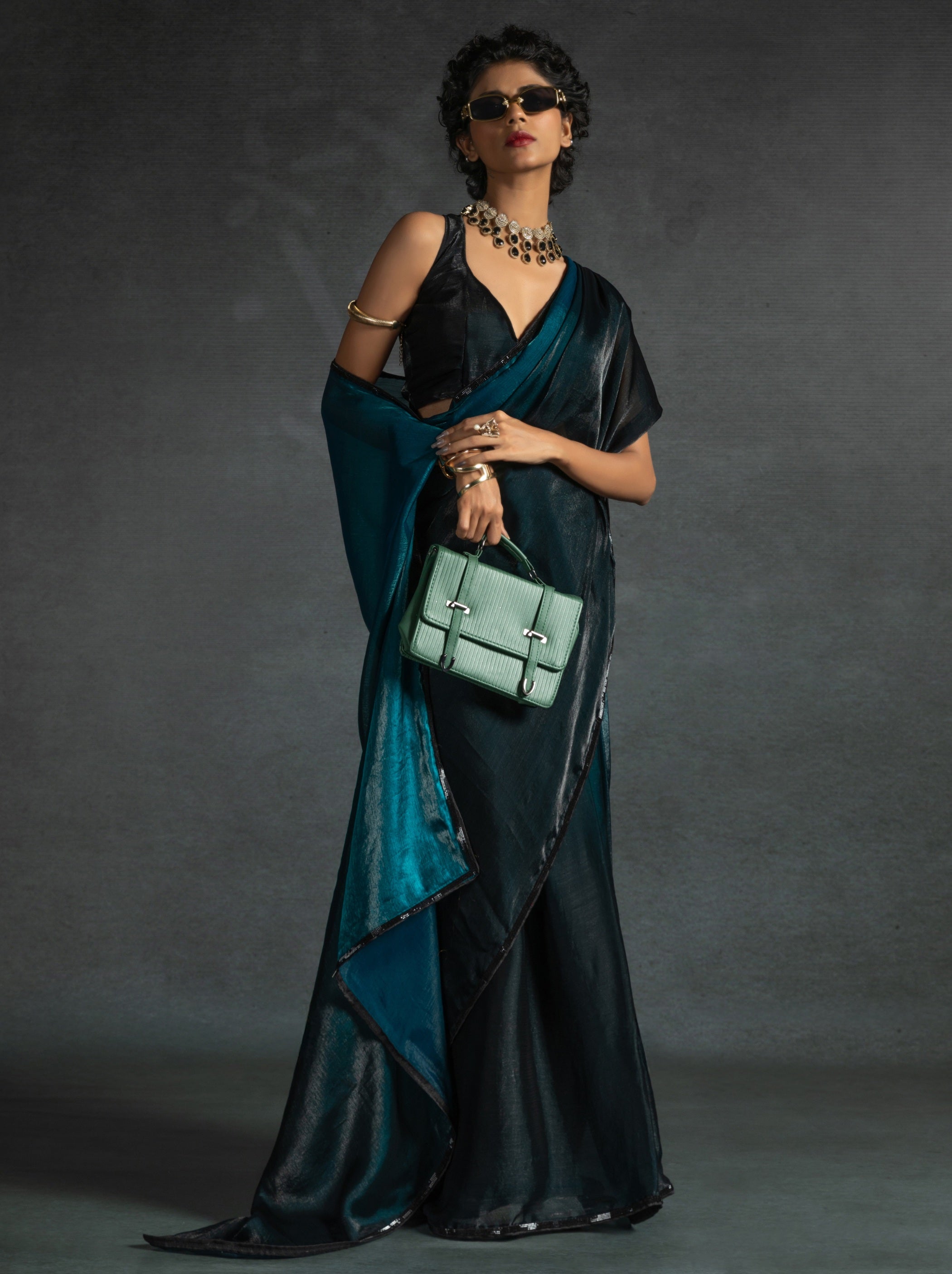 Prussian Blue Fancy Ready to Wear Saree With Stone Work Border
