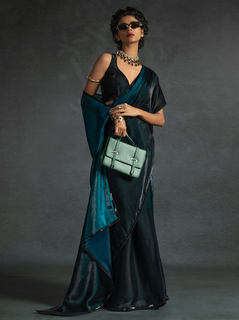Prussian Blue Fancy Ready to Wear Saree With Stone Work Border