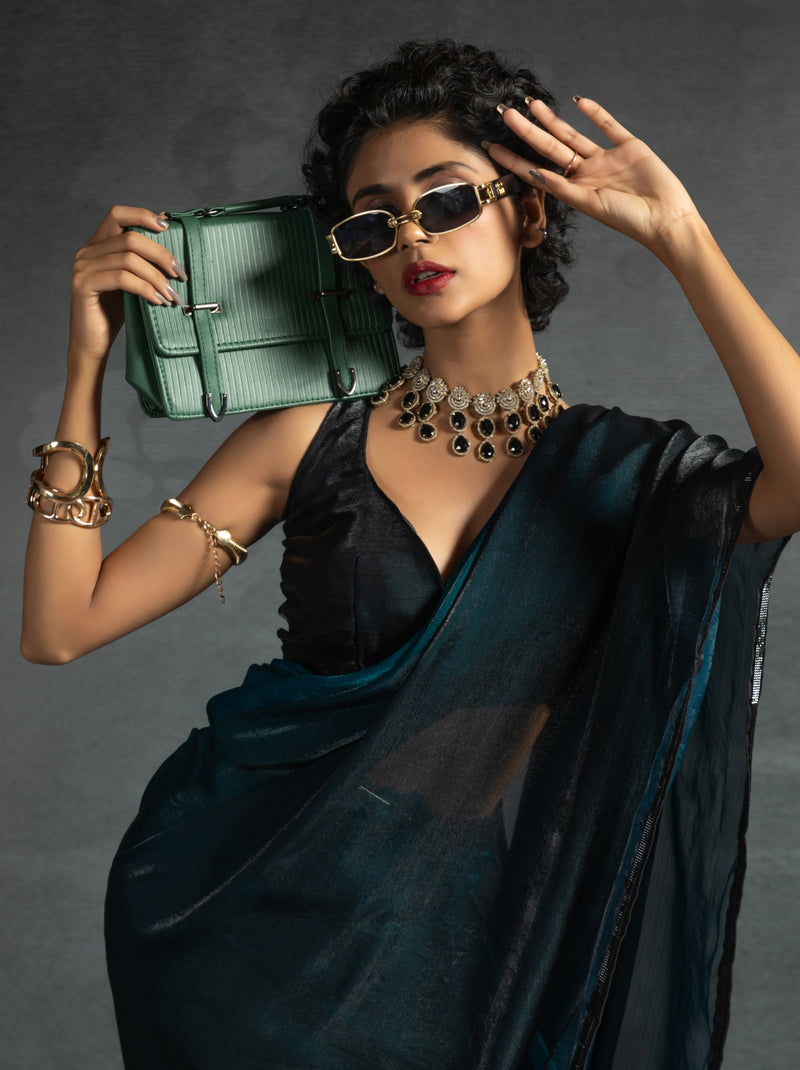 Prussian Blue Fancy Ready to Wear Saree With Stone Work Border