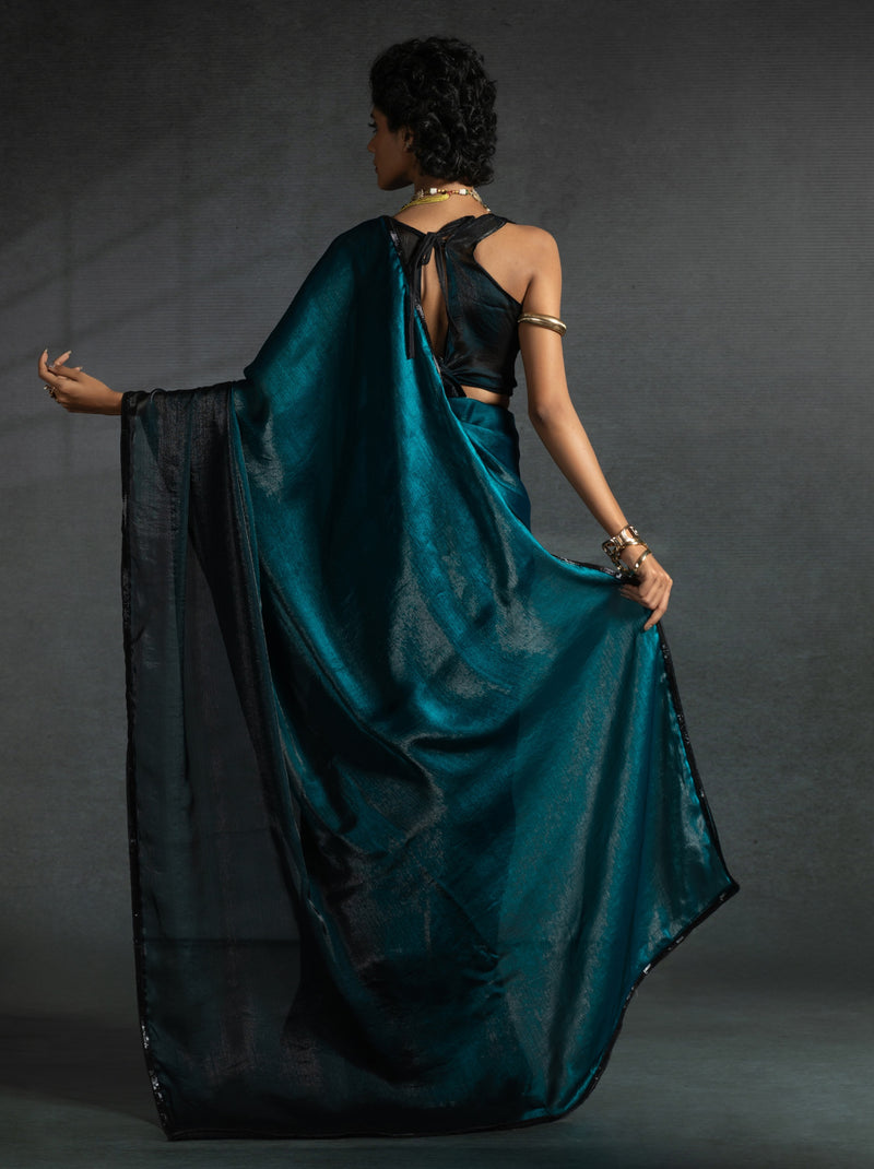 Prussian Blue Fancy Ready to Wear Saree With Stone Work Border