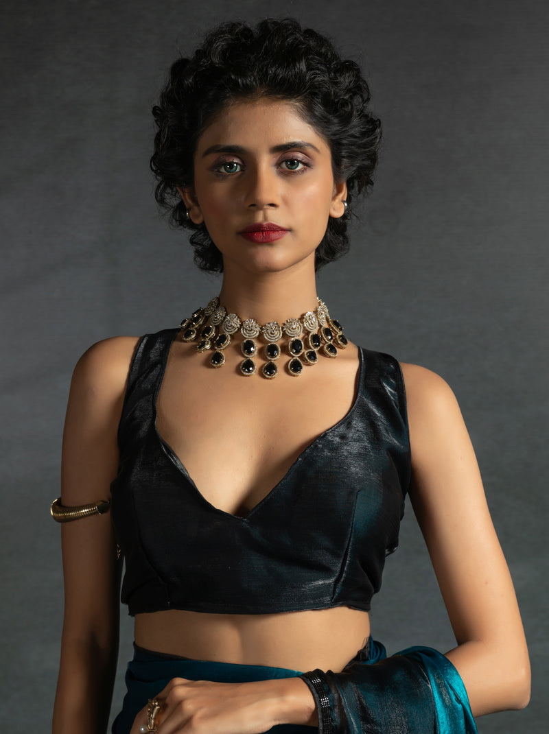 Prussian Blue Fancy Ready to Wear Saree With Stone Work Border
