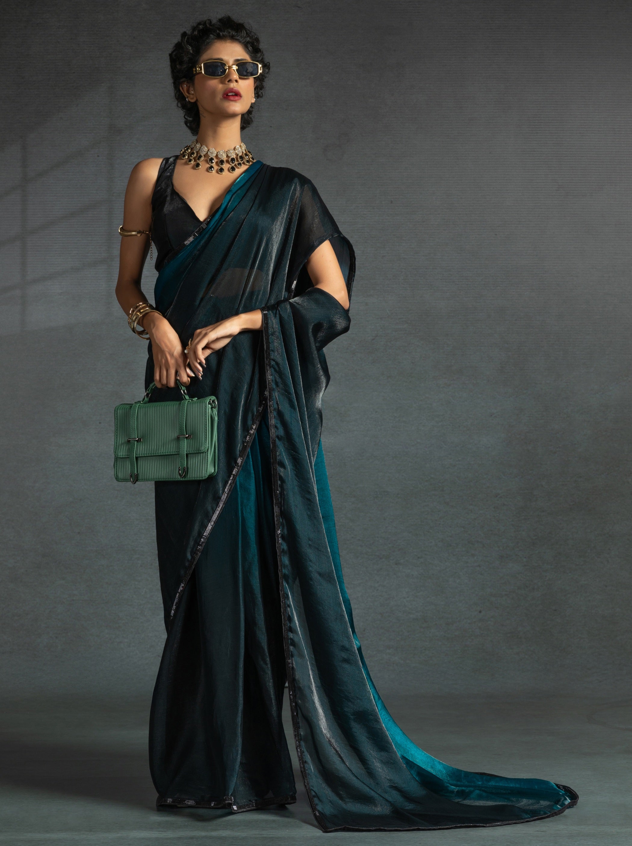 Prussian Blue Fancy Ready to Wear Saree With Stone Work Border