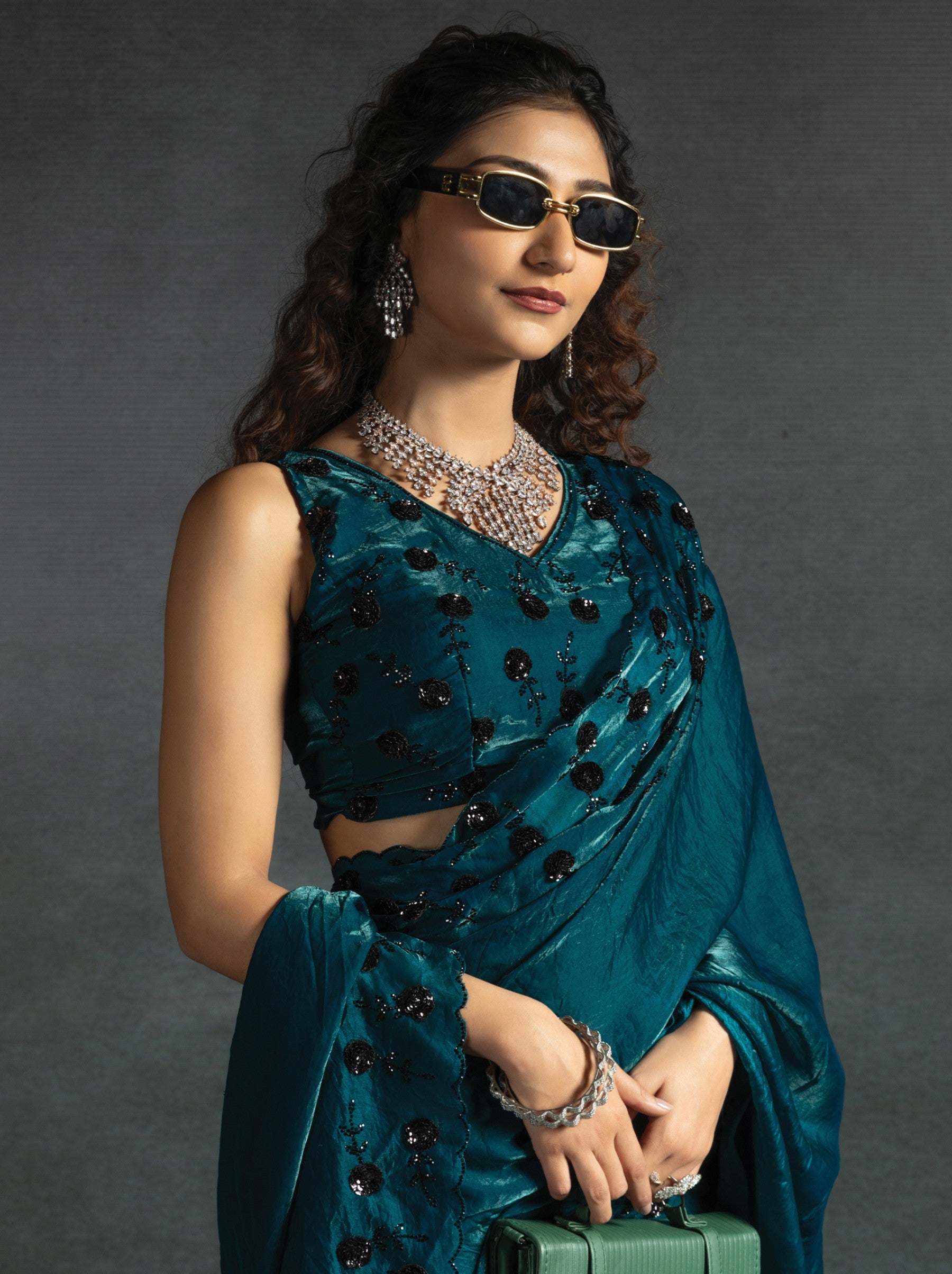 Prussian Blue Satin Silk Designer Party Saree With Blouse Piece - TrendOye