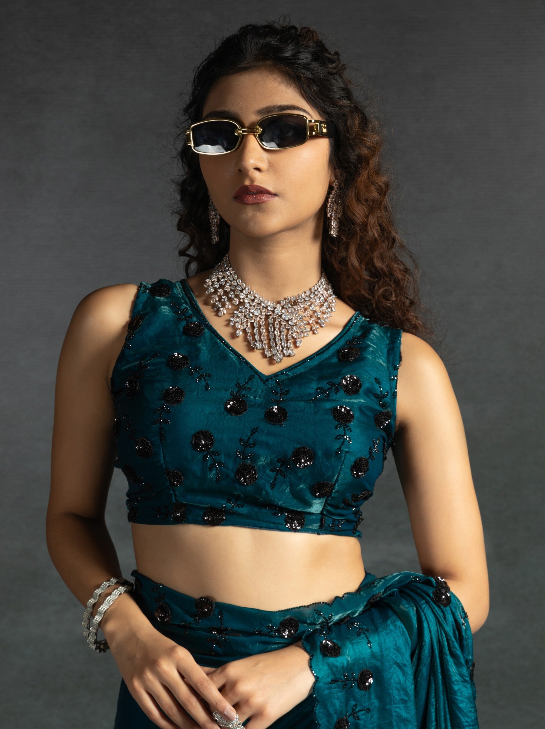Prussian Blue Satin Silk Designer Party Saree With Blouse Piece - TrendOye