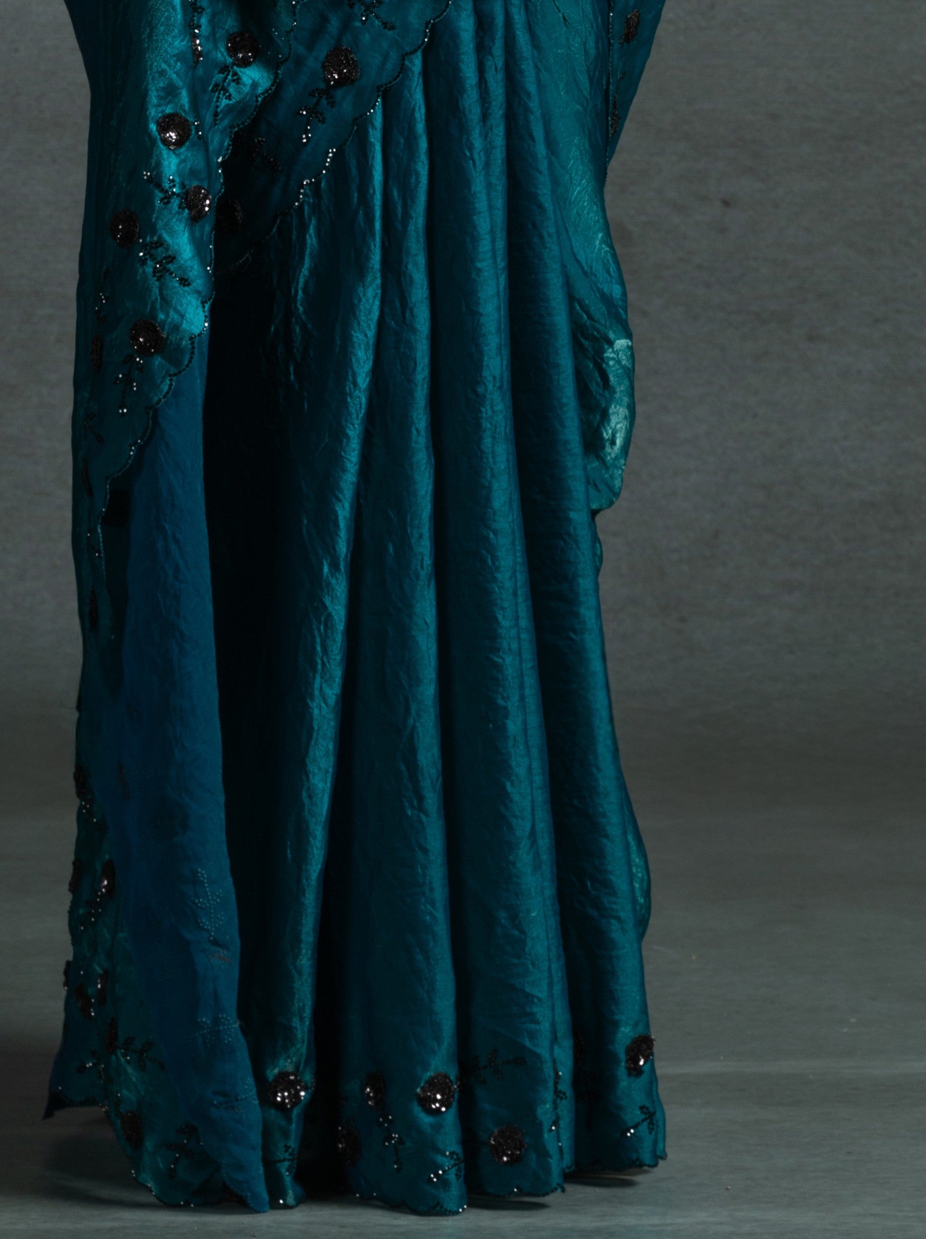 Prussian Blue Satin Silk Designer Party Saree With Blouse Piece - TrendOye