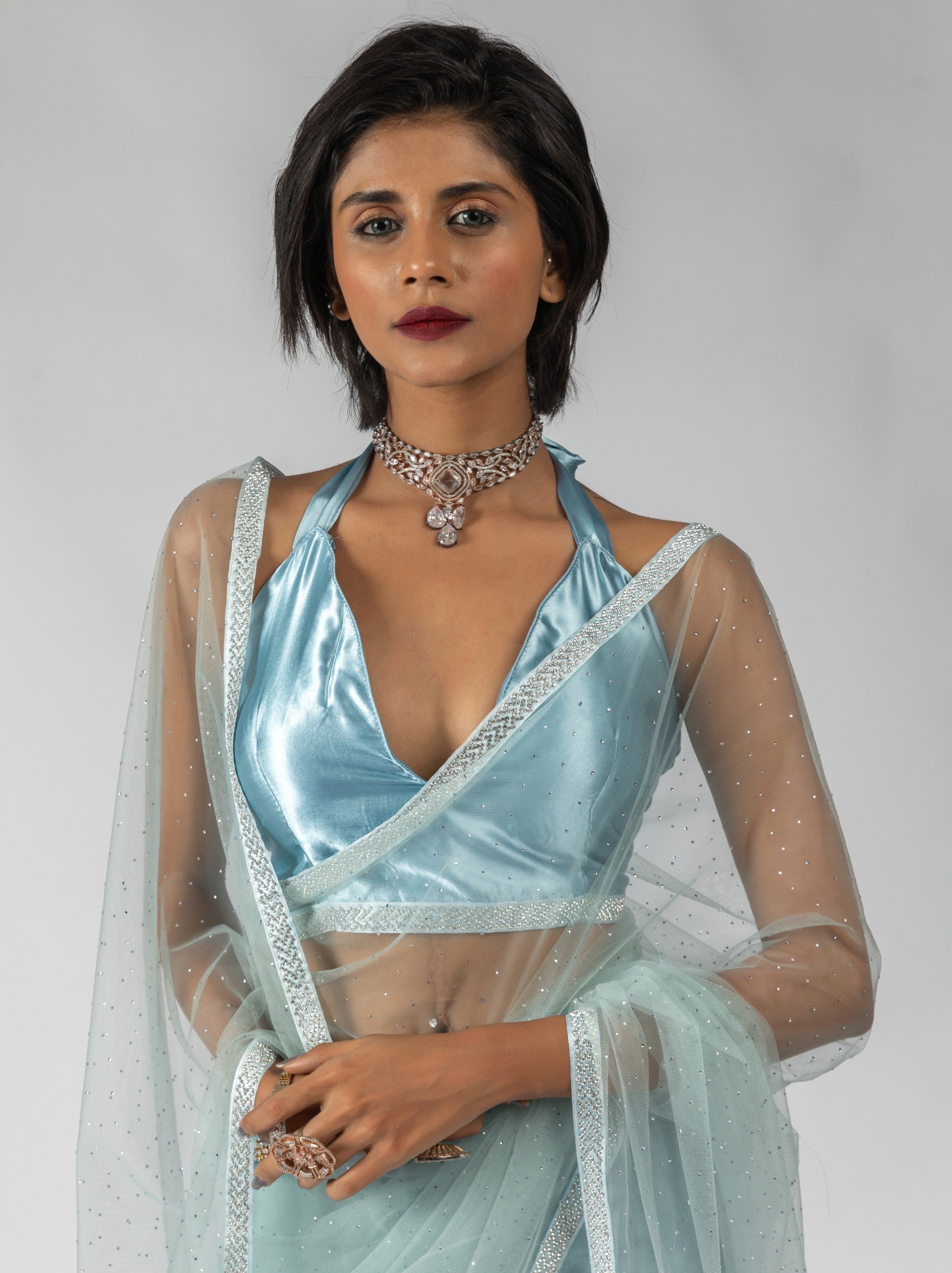 Powder Blue Net Designer Ready to Wear Saree With Diamond Work - TrendOye