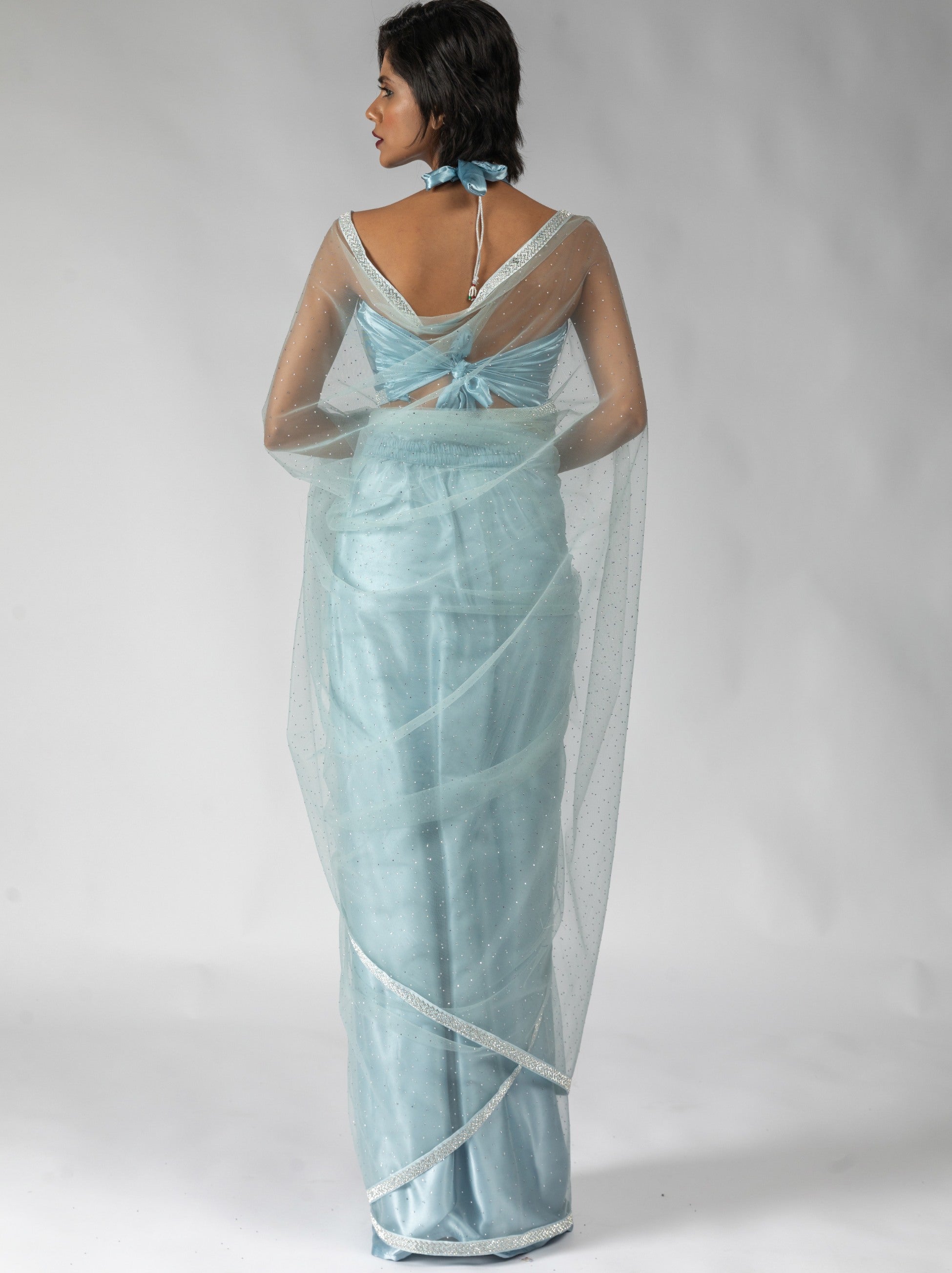 Powder Blue Net Designer Ready to Wear Saree With Diamond Work - TrendOye