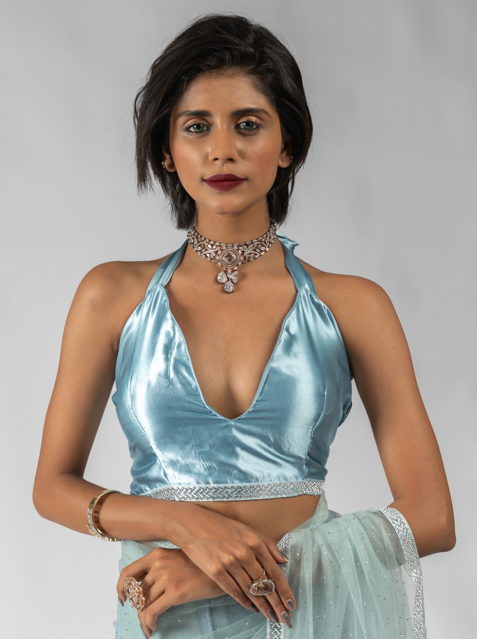 Powder Blue Net Designer Ready to Wear Saree With Diamond Work - TrendOye