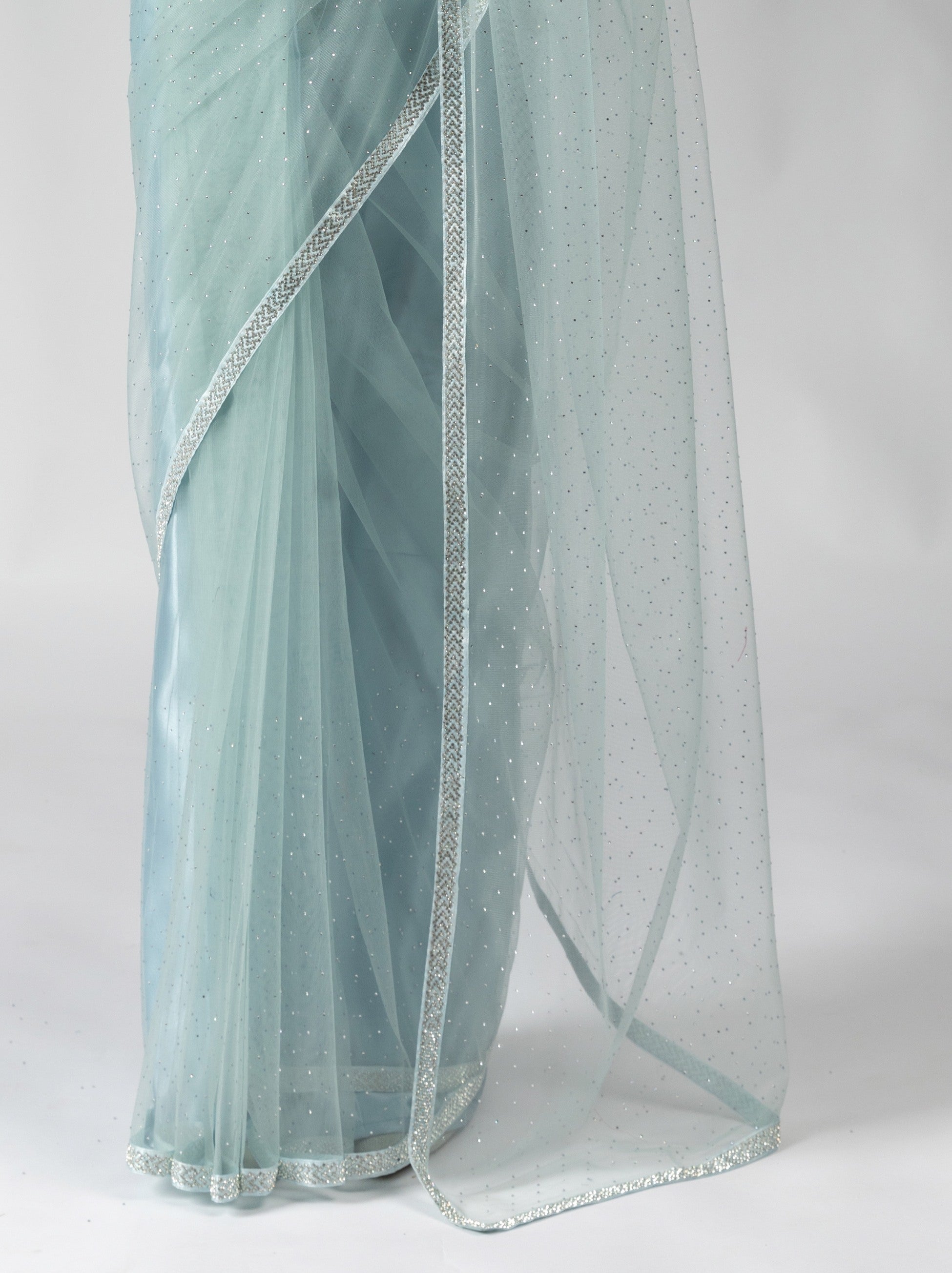 Powder Blue Net Designer Ready to Wear Saree With Diamond Work - TrendOye