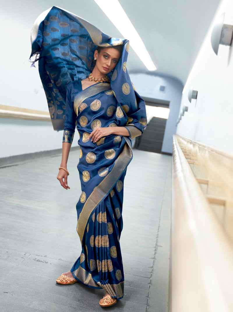 Prussian Blue Fancy Soft Silk Saree With Blouse Piece