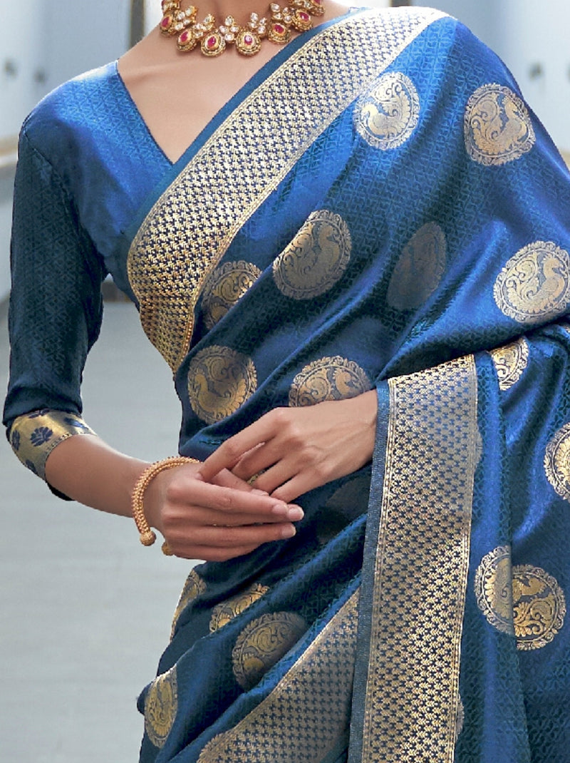 Prussian Blue Fancy Soft Silk Saree With Blouse Piece