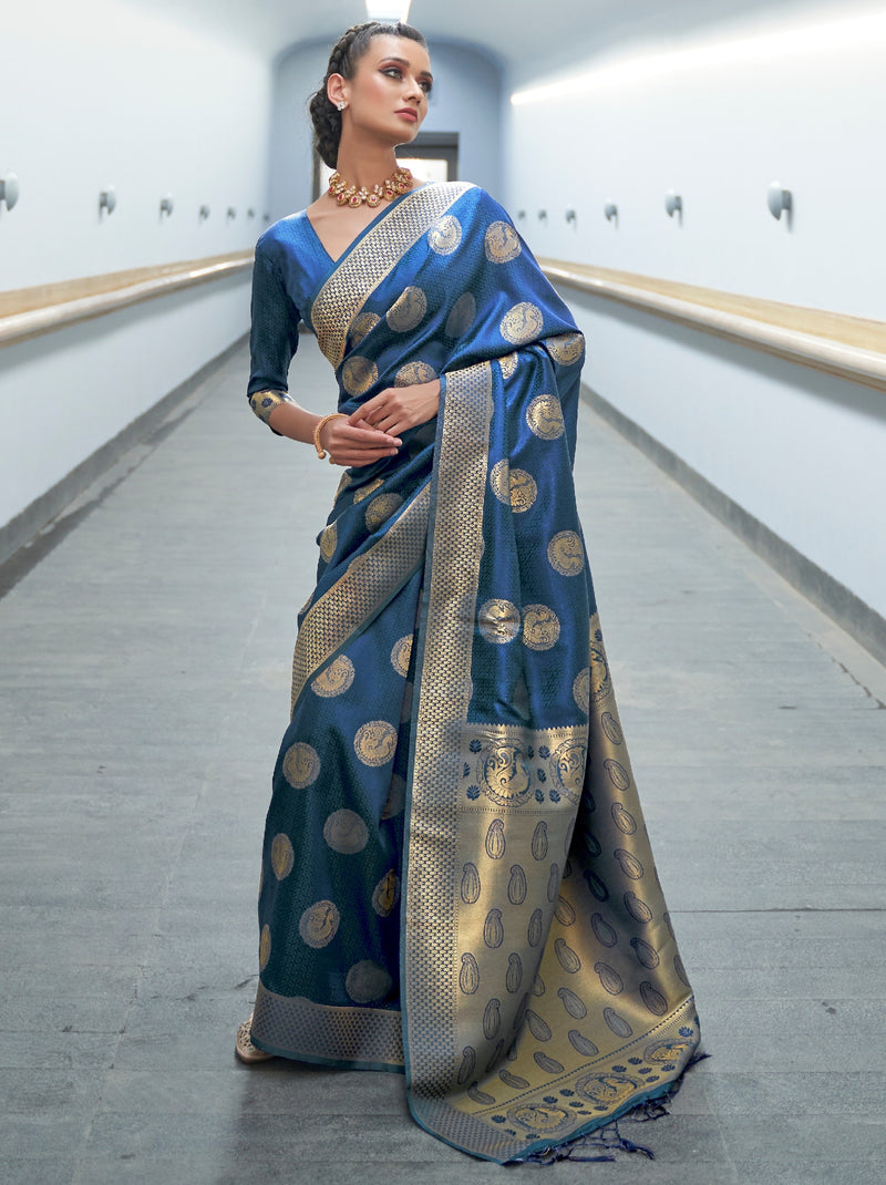 Prussian Blue Fancy Soft Silk Saree With Blouse Piece