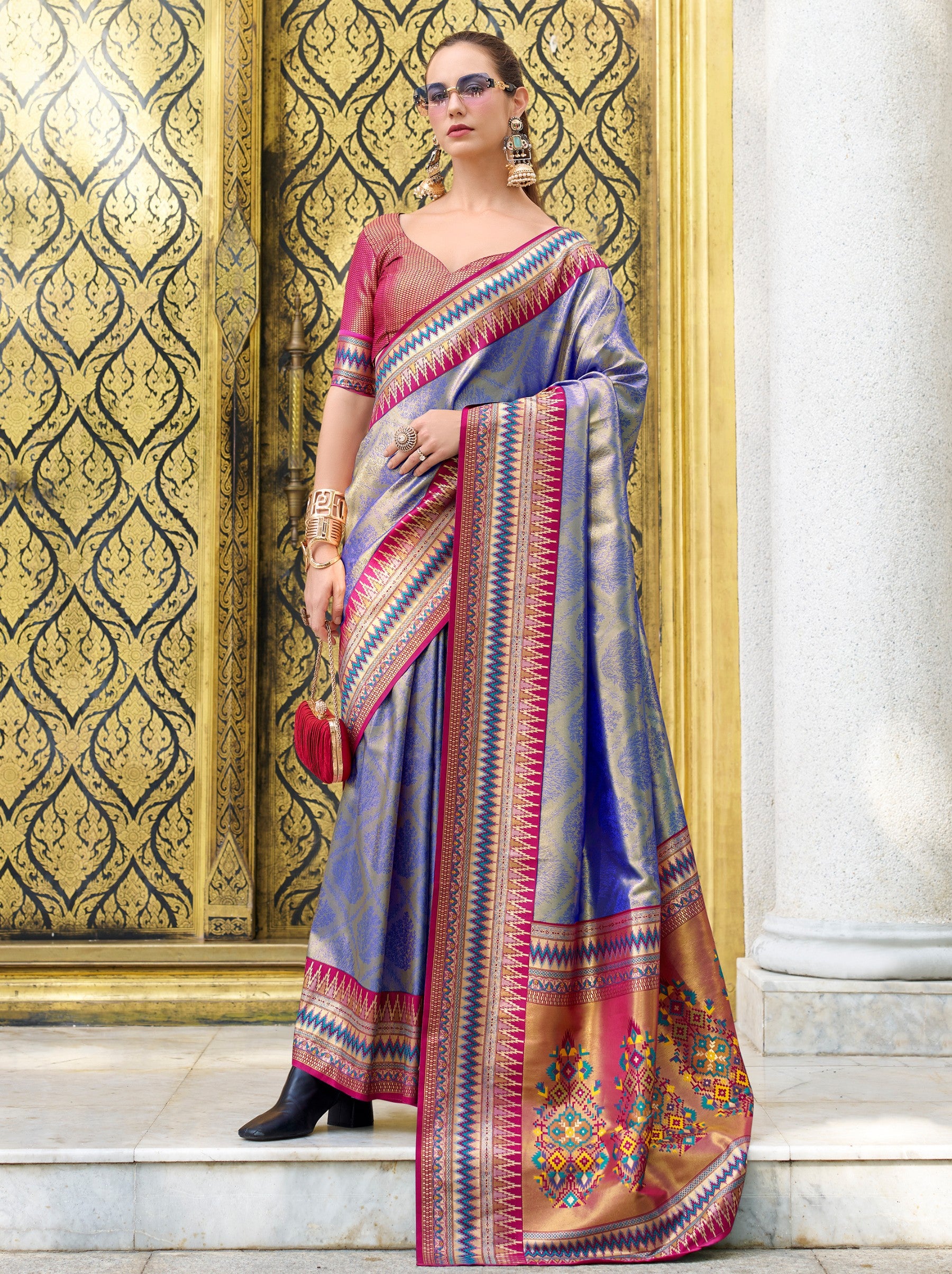 Tufts Blue Tissue Celebration Saree - TrendOye