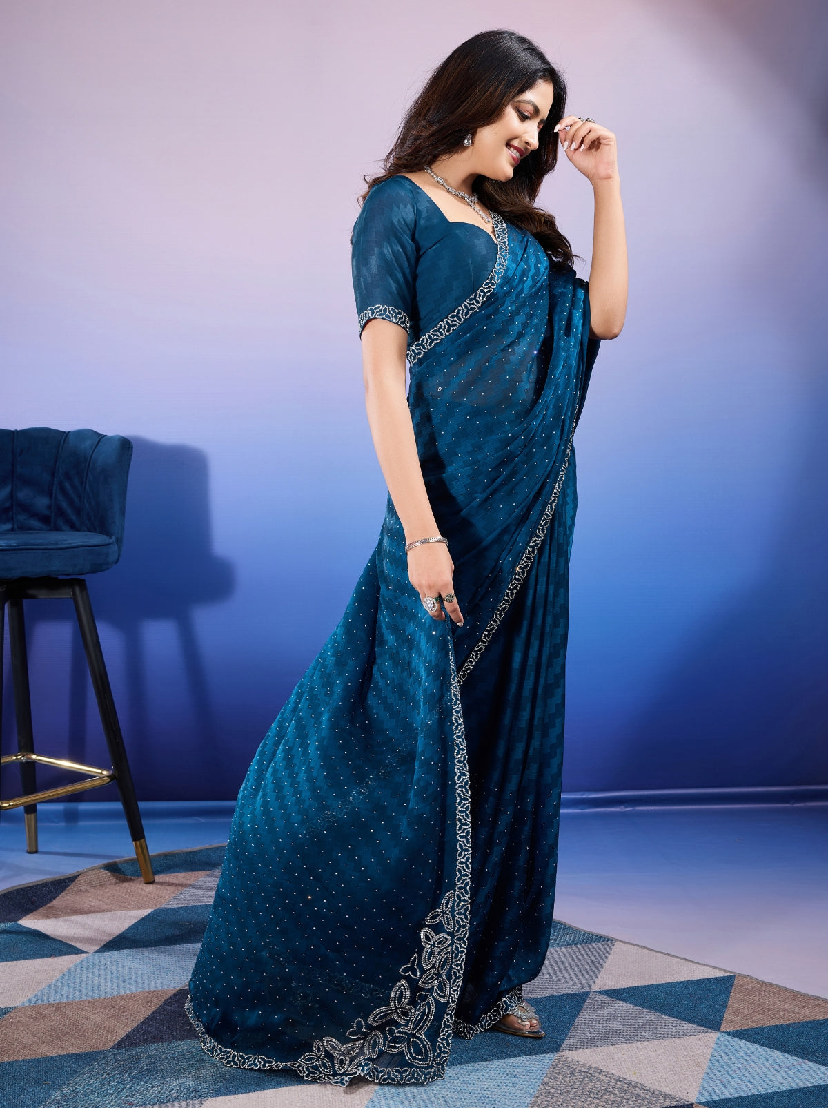Navy Blue Fancy Premium Party Designer Saree - TrendOye