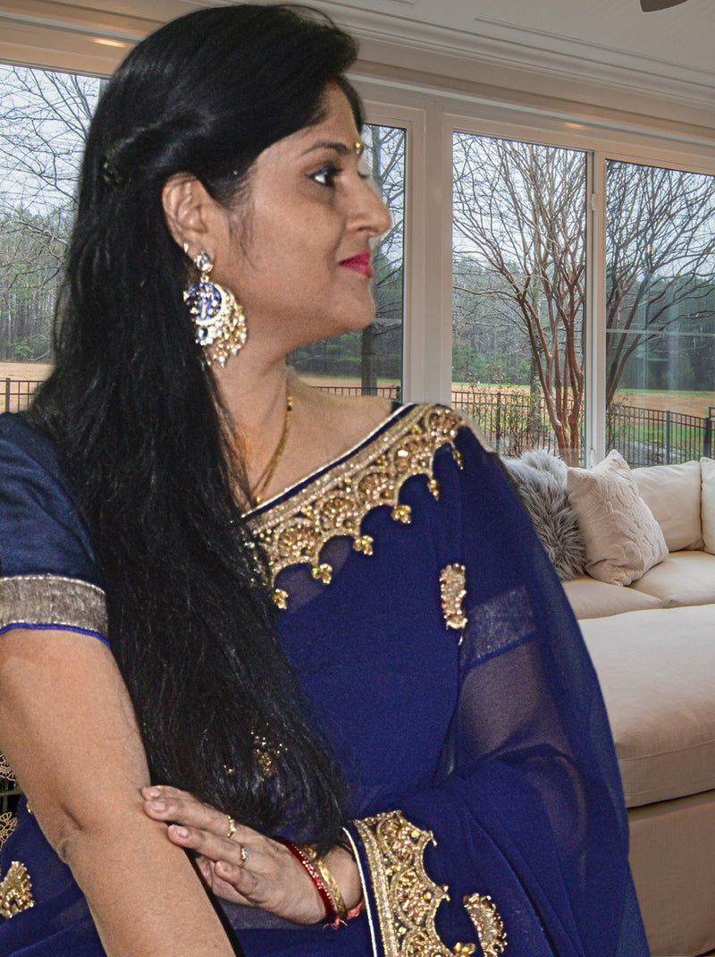 Blue Wedding & Festive Saree With Kundan Stone Work - TrendOye