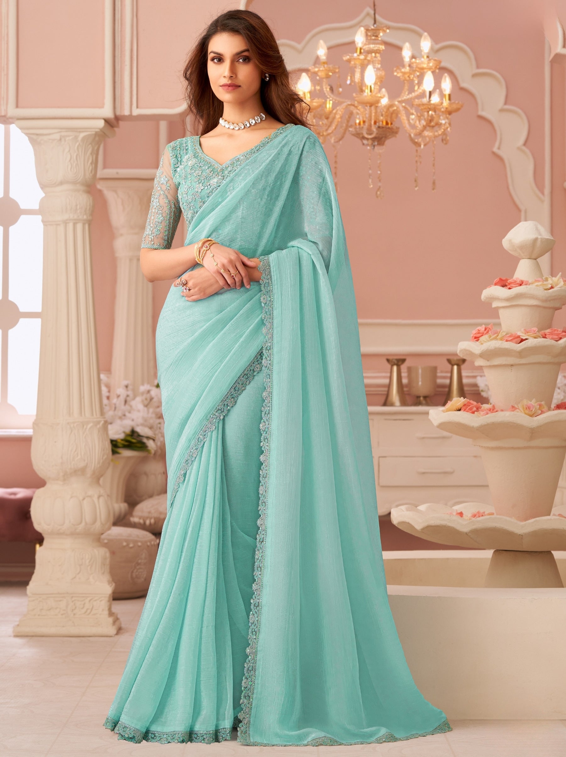 Baby Blue Premium Designer Party Saree - TrendOye