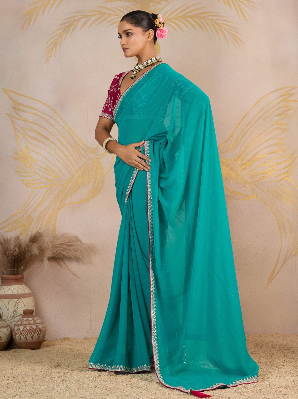 Turquoise Blue Georgette Silk Party Saree with Zari & Sequin Border