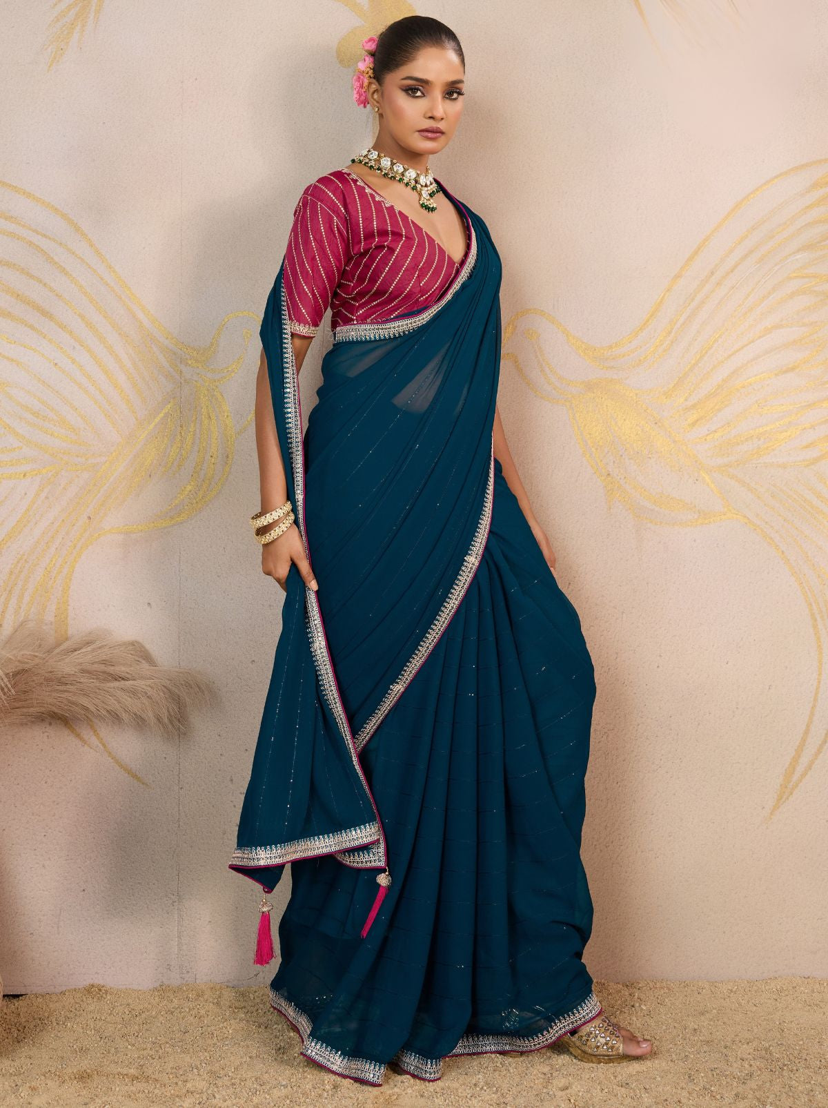 Space Blue Georgette Silk Party Saree with Zari & Sequin Border