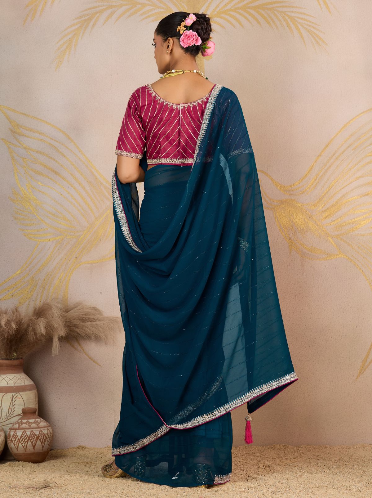 Space Blue Georgette Silk Party Saree with Zari & Sequin Border