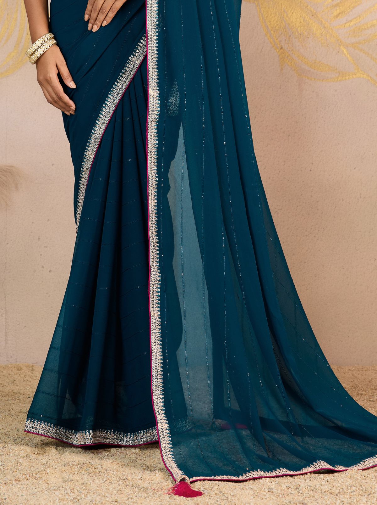Space Blue Georgette Silk Party Saree with Zari & Sequin Border