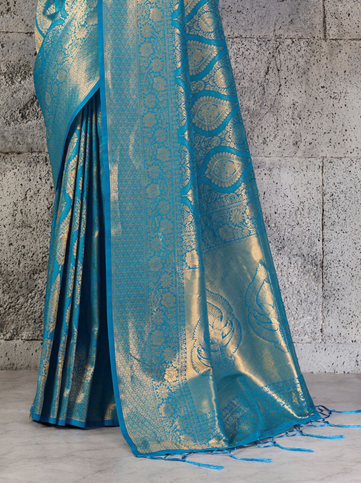 Azure Blue Kanjivaram Silk Saree With Intricate Gold Zari