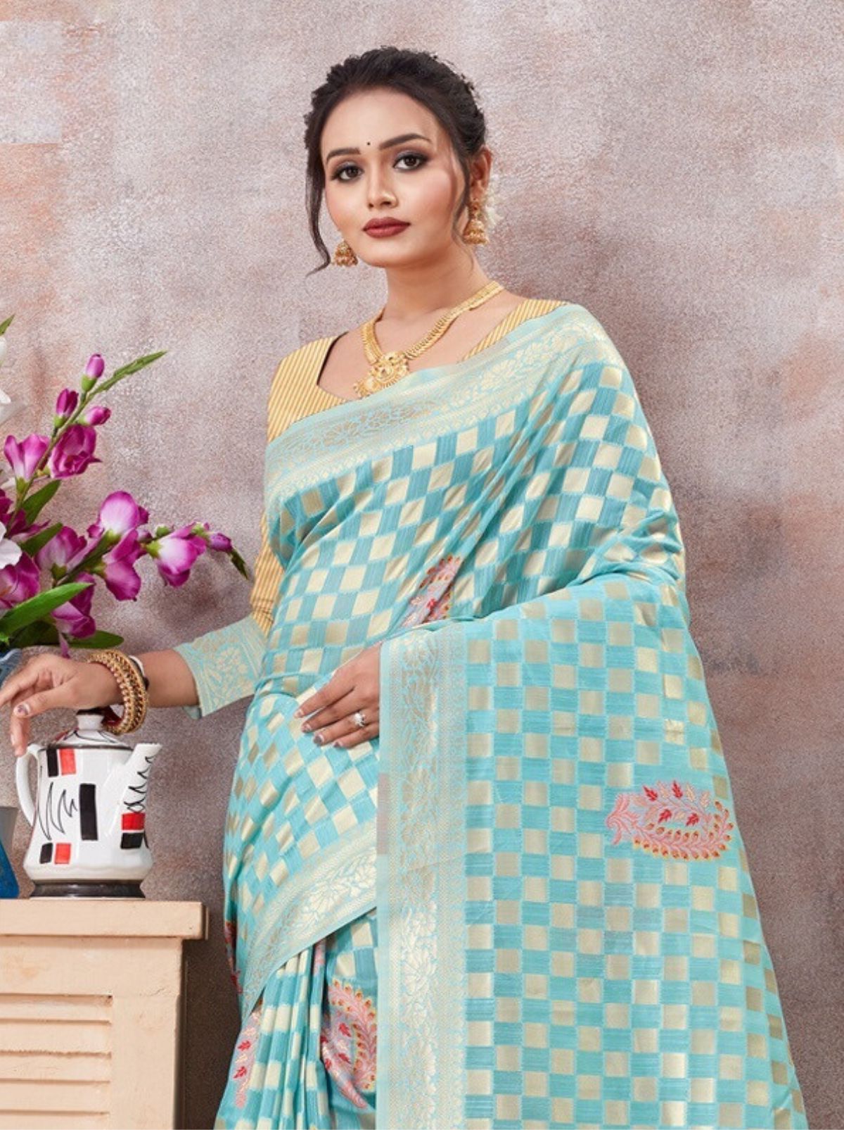 Blue Kota Cotton Silk Designer Saree - TrendOye