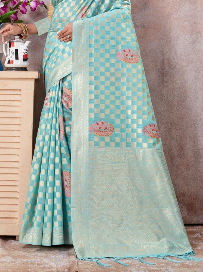 Blue Kota Cotton Silk Designer Saree - TrendOye