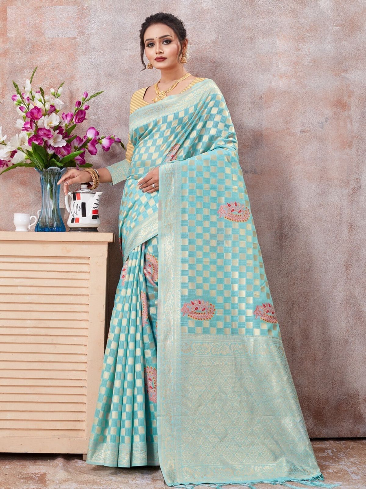 Blue Kota Cotton Silk Designer Saree - TrendOye