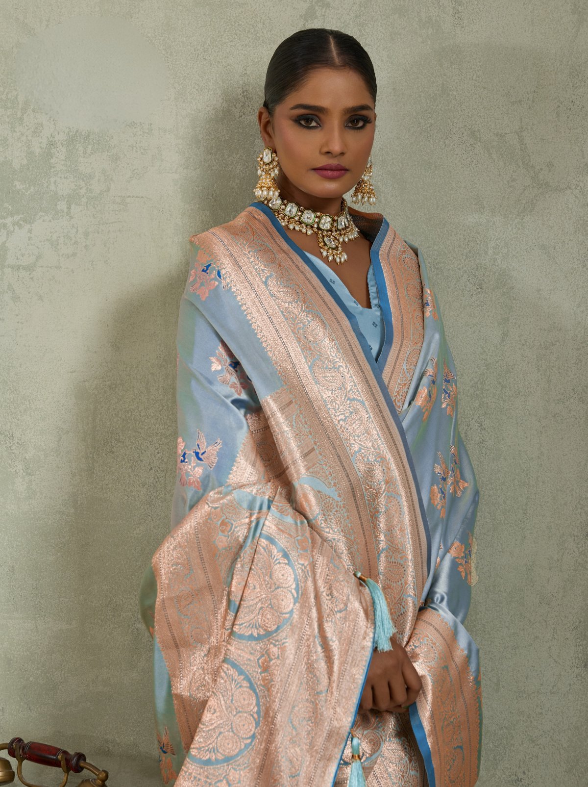 Cornflower Blue Luxurious Satin Silk Saree With Blouse Piece