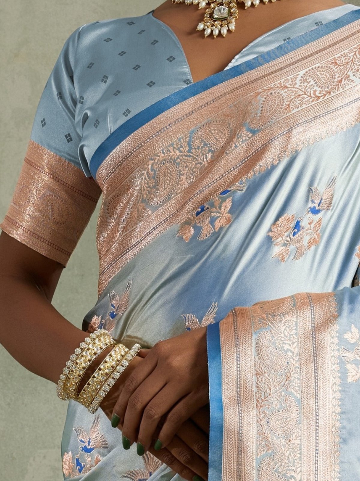 Cornflower Blue Luxurious Satin Silk Saree With Blouse Piece