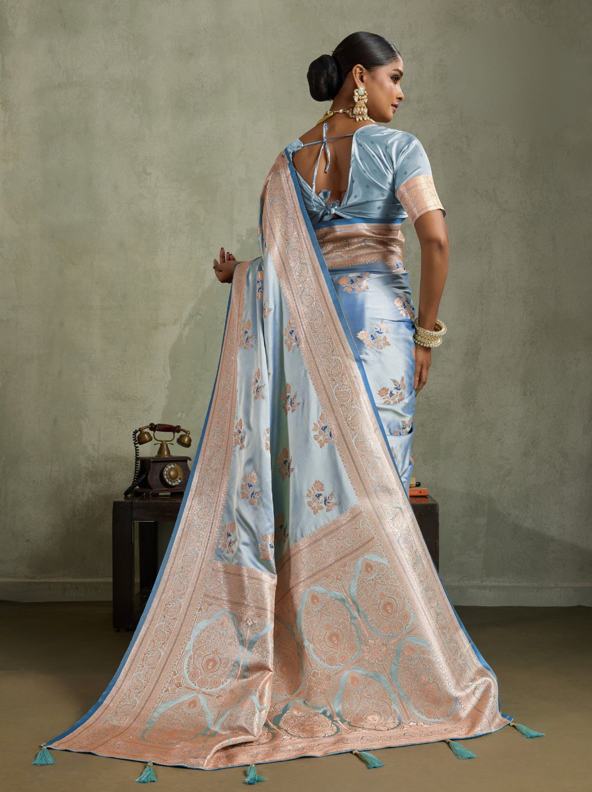 Cornflower Blue Luxurious Satin Silk Saree With Blouse Piece