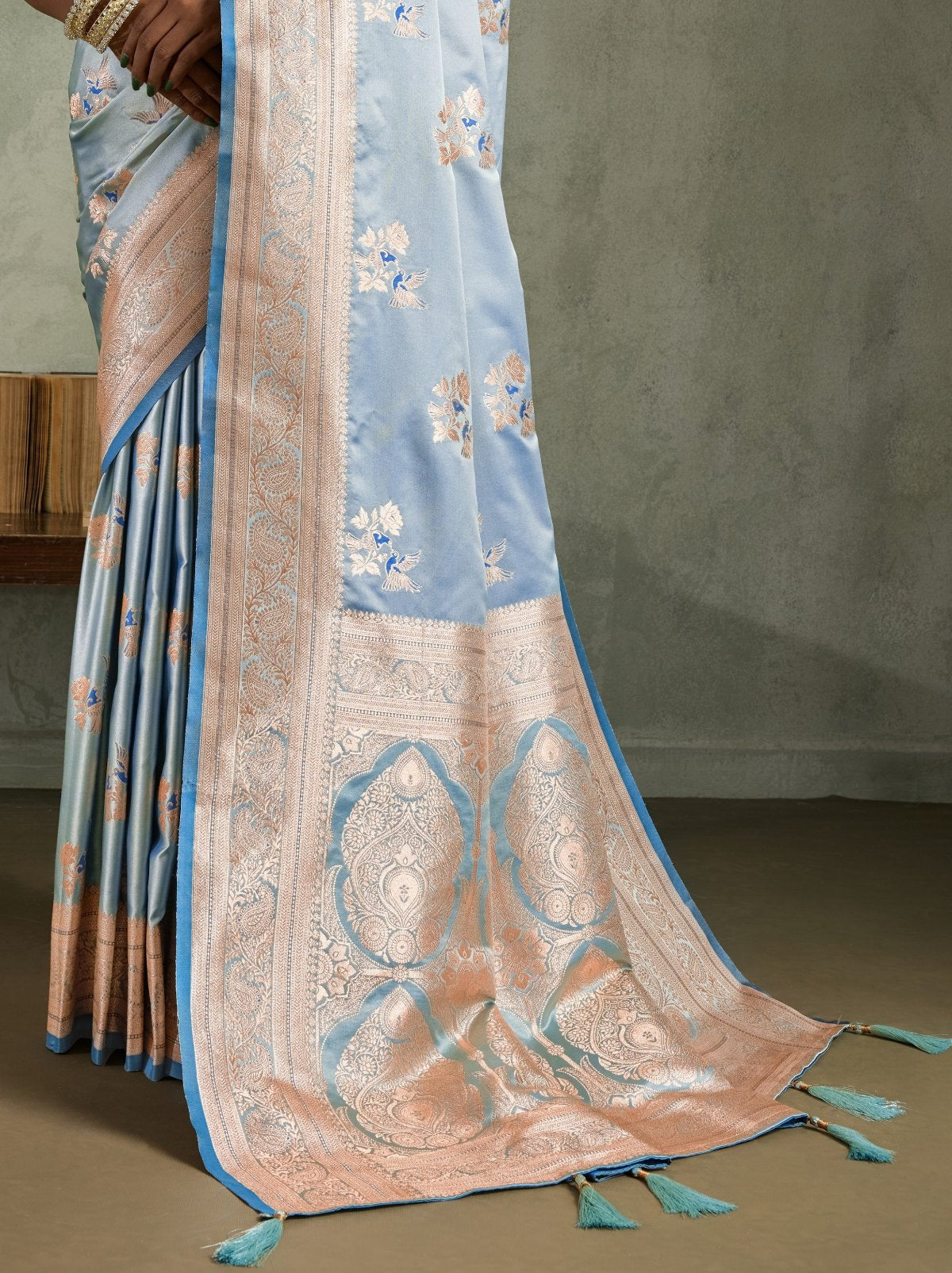 Cornflower Blue Luxurious Satin Silk Saree With Blouse Piece