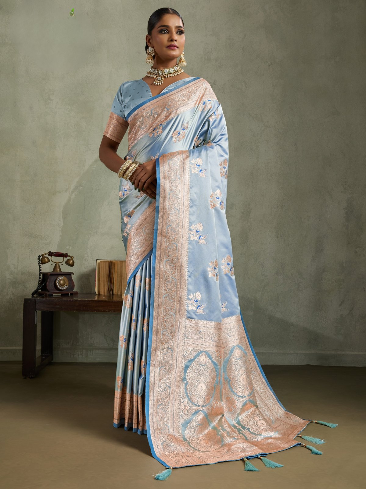 Cornflower Blue Luxurious Satin Silk Saree With Blouse Piece