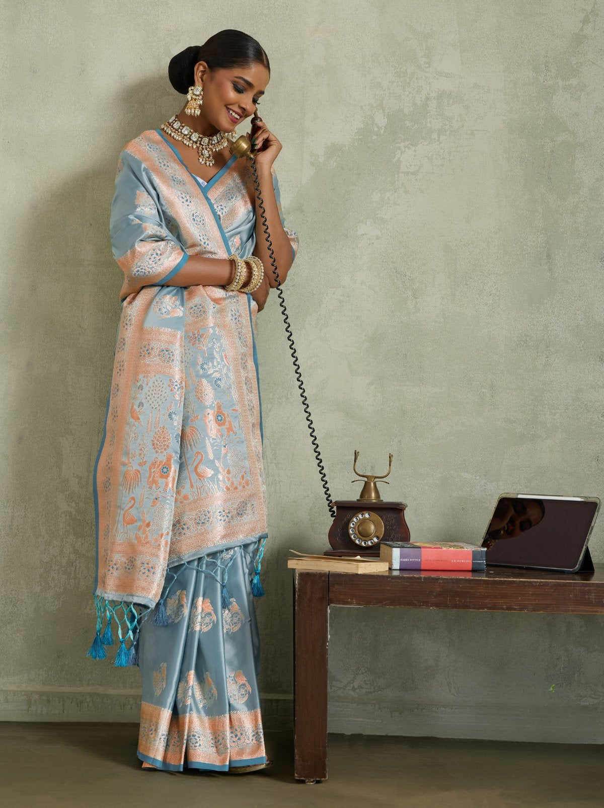 Sky Blue Luxurious Satin Silk Saree With Blouse Piece