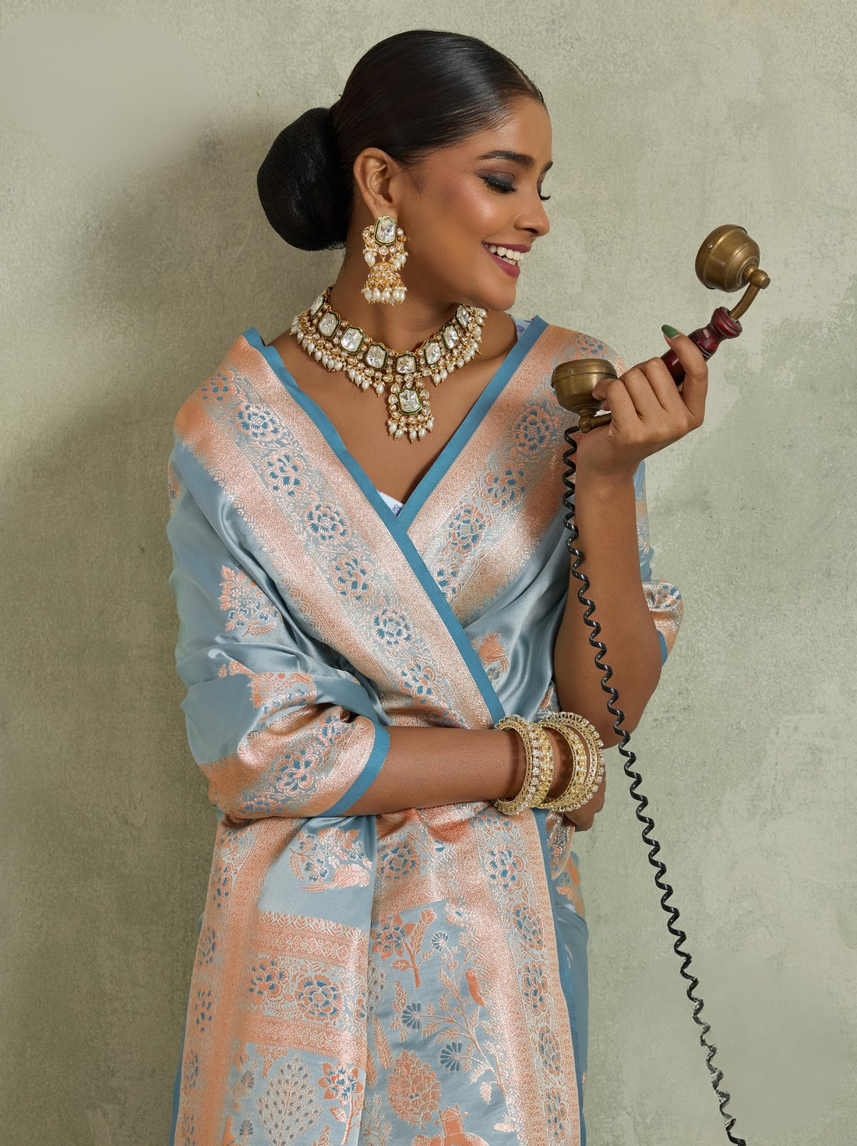 Sky Blue Luxurious Satin Silk Saree With Blouse Piece