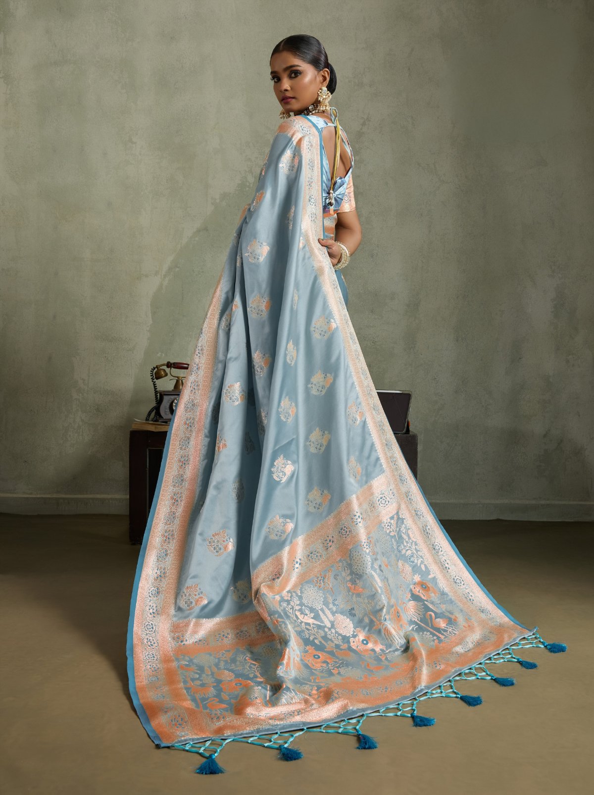 Sky Blue Luxurious Satin Silk Saree With Blouse Piece