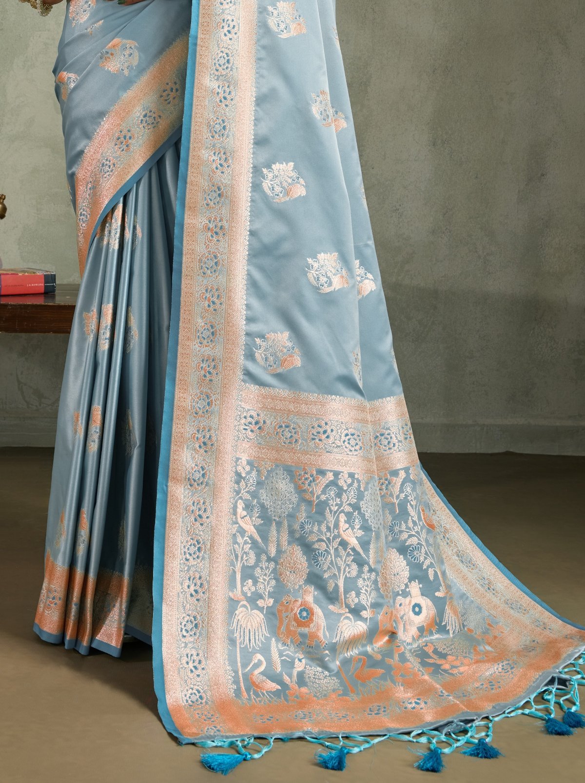 Sky Blue Luxurious Satin Silk Saree With Blouse Piece