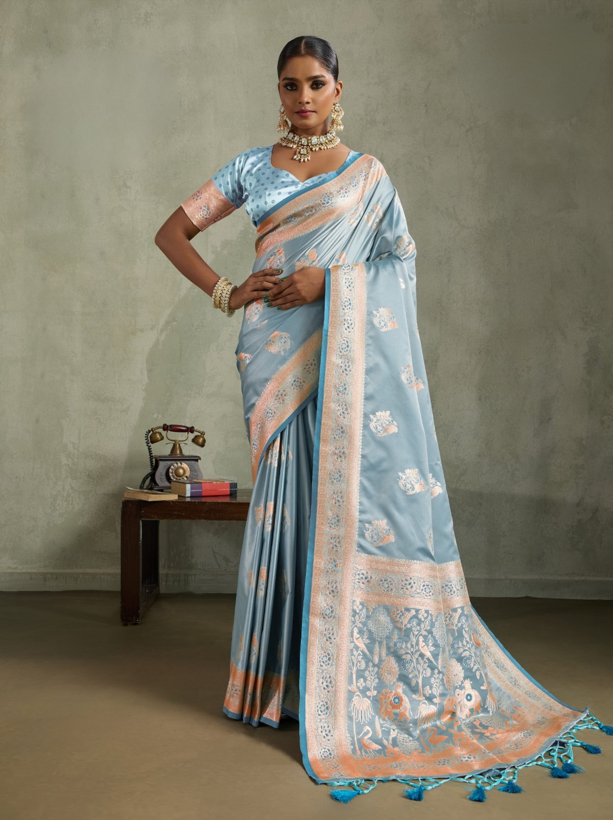 Sky Blue Luxurious Satin Silk Saree With Blouse Piece